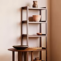 Minimalist Wooden Shelf with Decorative Clay Vase and Wooden Bowl in Light Beige Living Room
