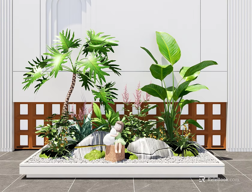 Lush Indoor Landscape Interior With Green Plants Stones Moss And White Wooden Lattice Planter Box 3d model 