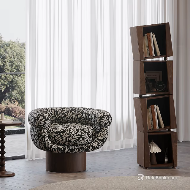 Rounded Leaf Pattern Accent Chair In Modern Living Room With Wooden Bookshelf And Large Window 3d model 