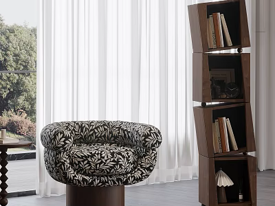 Rounded Leaf Pattern Accent Chair In Modern Living Room With Wooden Bookshelf And Large Window 3d model