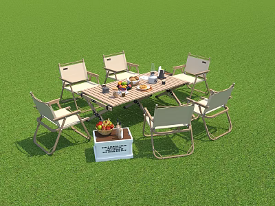Outdoor Leisure Chairs Featuring Metal Frame and Beige Cushions on Green Grass with Wooden Table 3d model