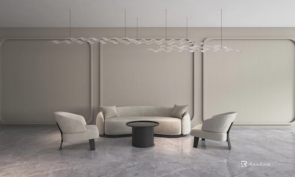 Casual Sofa Set With Curved Sofa Two Armchairs And Round Coffee Table On Marble Floor 3d model 