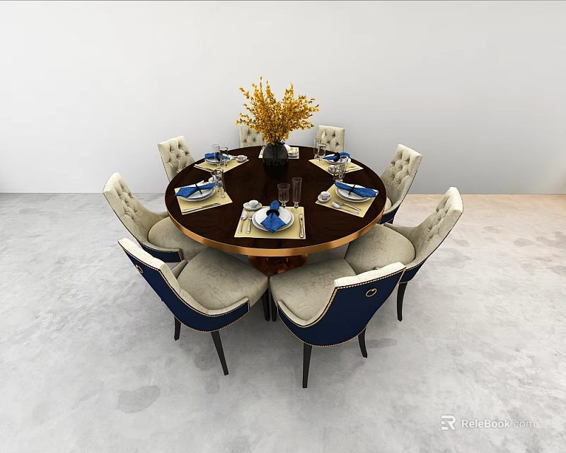 Elegant Round Dining Table Set With Six Chairs Yellow Flowers And Tableware 3d model