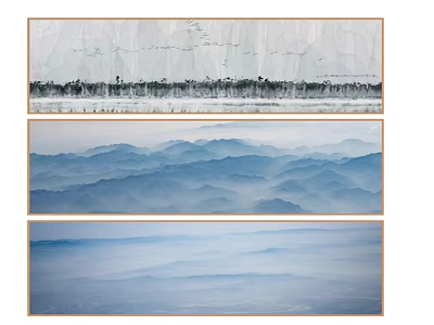 Three Landscape Paintings With Blue Mountain Ranges Misty Layers And Serene Sky 3d model