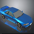 Glossy Blue Two Door Sports Car With Rear Spoiler And Reflective Surface