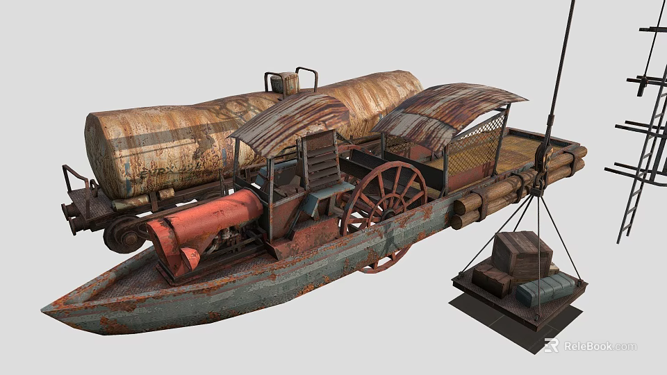 Rusty Old Steamboat Equipped With Cargo Tanks And Paddle Wheel 3d model 