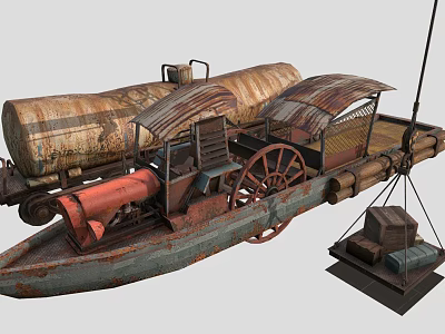 Rusty Old Steamboat Equipped With Cargo Tanks And Paddle Wheel 3d model