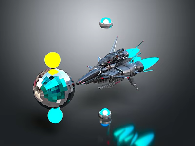 Futuristic Spaceship with Glowing Orbs Disco Ball Metallic Structure and Blue Light Effects 3d model