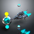 Futuristic Spaceship with Glowing Orbs Disco Ball Metallic Structure and Blue Light Effects
