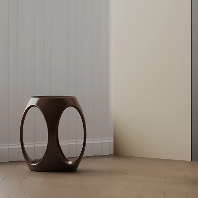 Brown Side Table with Double Oval Cutouts against Light Wall and Wooden Floor 3d model