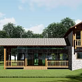 Wooden Detached Villa With Large Glass Windows Balcony Sloped Roof And Surrounded By Green Trees