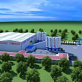 Industrial Factory White Building With Red Accents Green Trees Silos Yellow Trucks And Blue Fence