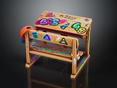 Wooden Children's Desk With Colorful Doodles Numbers Letters And Schoolbag 3d model