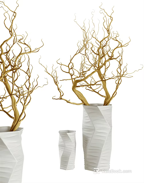 Elegant White Geometric Vases With Golden Decorative Branches For Home Interior Decor 3d model 