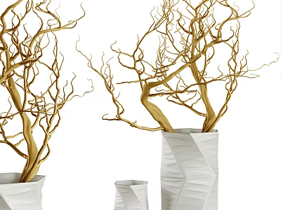 Elegant White Geometric Vases With Golden Decorative Branches For Home Interior Decor 3d model