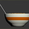 Bowl of Instant Noodles With Orange Soup White Bowl Orange Rim And Silver Spoon