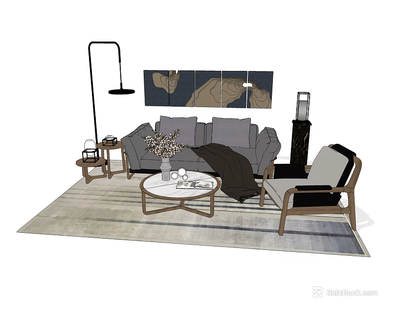 Modern Gray Sofa and Coffee Table Set with Armchair Floor Lamp and Wall Art 3d model 