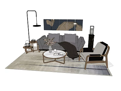 Modern Gray Sofa and Coffee Table Set with Armchair Floor Lamp and Wall Art 3d model