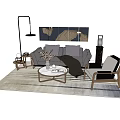 Modern Gray Sofa and Coffee Table Set with Armchair Floor Lamp and Wall Art