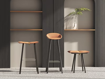 Three Modern Bar Stools With Brown Seats Black Legs And Wooden Shelves Background 3d model