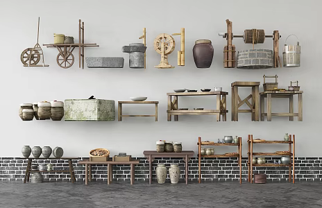 Chinese-style Old Storage Rack Old Wooden Rack Tank Water Bucket Water Well Wooden Cart Pottery Jar 3d model