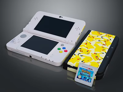 Nintendo 3DS Console With Pikachu Patterned Case And Pokémon Game Cartridge 3d model