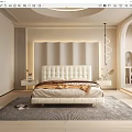 Modern Bedroom Interior With White Padded Bed Striped Headboard Wall Nightstands And Soft Rug