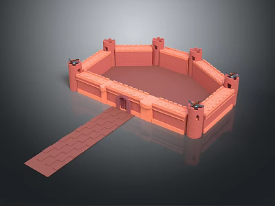 Castle Like Building 3D Model With Encircling Walls Tower Structures And Pathway Access 3d model