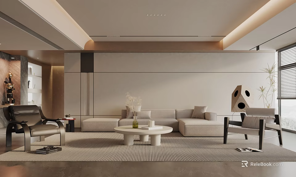 Modern Minimalist Living Room Interior Design With Beige Sofa Round Coffee Table And Accent Chair 3d model 