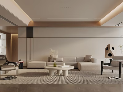 Modern Minimalist Living Room Interior Design With Beige Sofa Round Coffee Table And Accent Chair 3d model