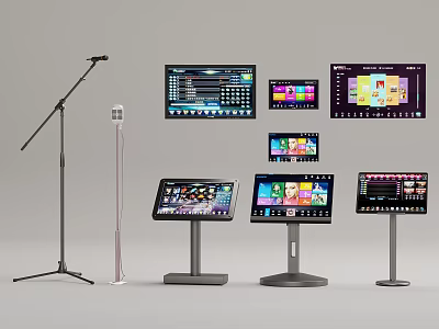 Amusement Equipment With Microphone Stand Pink Mic And Screen Device Stands With Colorful Interfaces 3d model