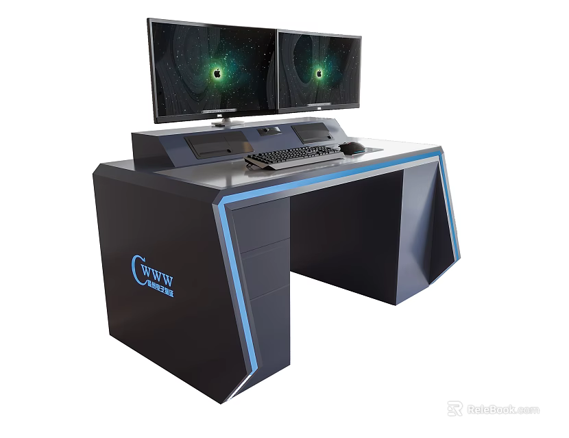 Modern Office Desk with Dual Monitors Keyboard Mouse Blue Accent Lines and Curve Space 3d model 