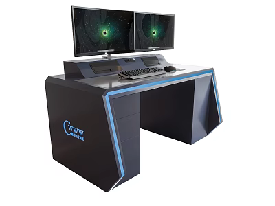 Modern Office Desk with Dual Monitors Keyboard Mouse Blue Accent Lines and Curve Space 3d model