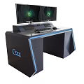 Modern Office Desk with Dual Monitors Keyboard Mouse Blue Accent Lines and Curve Space