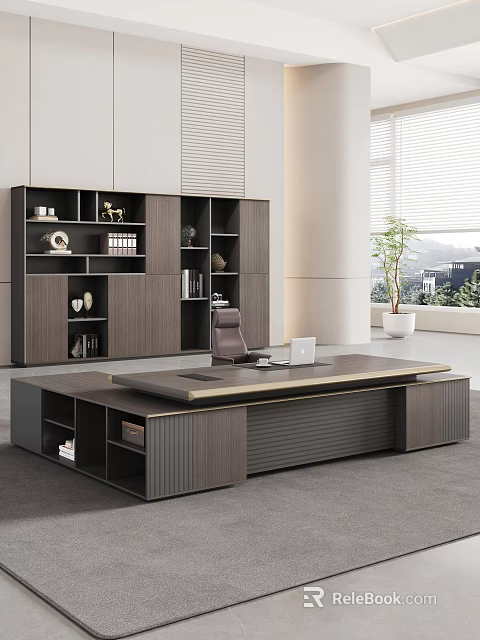 Executive Office Desk with Laptop Chair and Wooden Bookcase in Modern Bright Room with Plants 3d model 