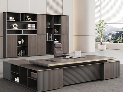 Executive Office Desk with Laptop Chair and Wooden Bookcase in Modern Bright Room with Plants 3d model