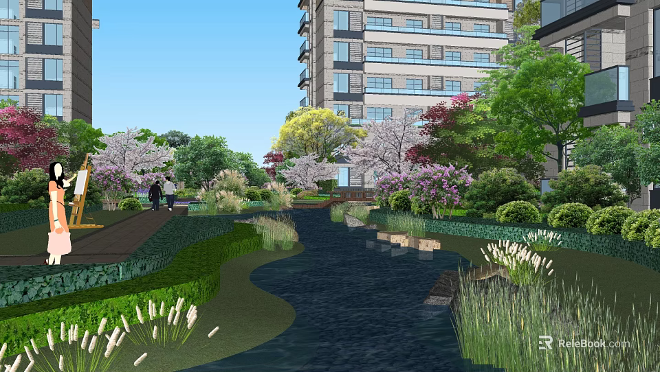 Lush Residential Landscape With High Rise Buildings Cherry Blossom Trees Stream And Walking Path 3d model 