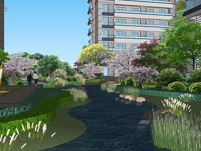 Lush Residential Landscape With High Rise Buildings Cherry Blossom Trees Stream And Walking Path 3d model