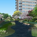 Lush Residential Landscape With High Rise Buildings Cherry Blossom Trees Stream And Walking Path