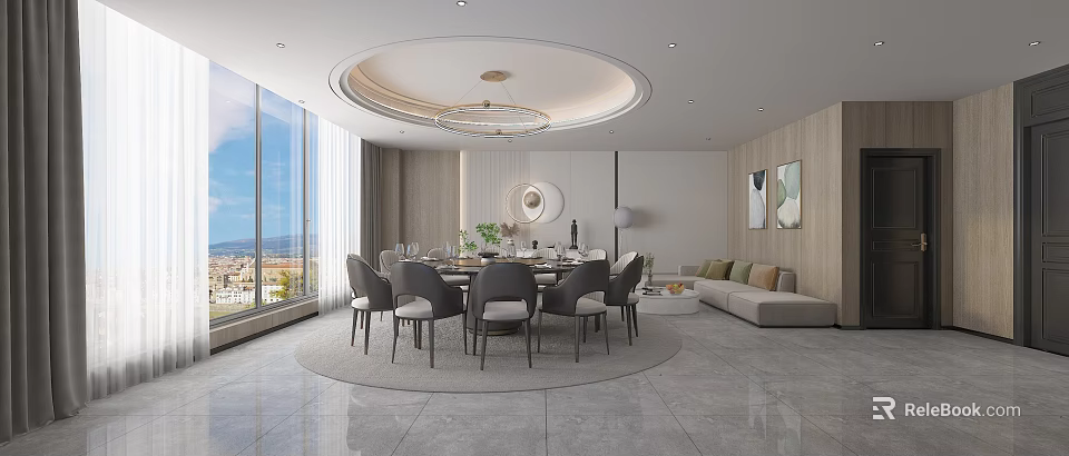 Modern Luxury Private Box Interior With Round Dining Table Grey Chairs Chandelier And Large Windows 3d model 