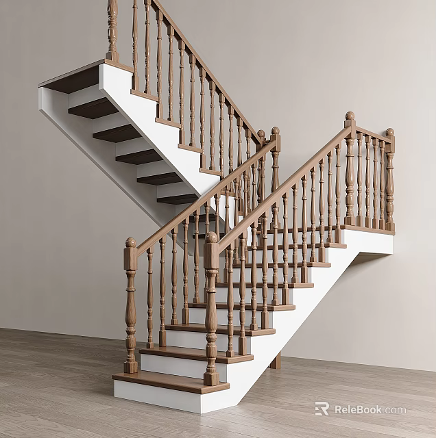 Elegant Indoor Staircase Interior With Wooden Handrails White Steps And Curved Design 3d model 