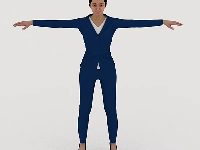 A woman in navy blue suit with white top standing arms outstretched against simple background 3d model