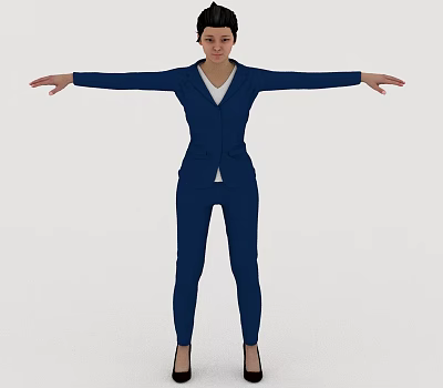 A woman in navy blue suit with white top standing arms outstretched against simple background 3d model
