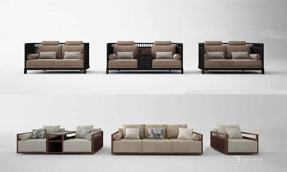 Modern Modular Sofa Set With Beige Brown Cushions And Matching Side Tables 3d model