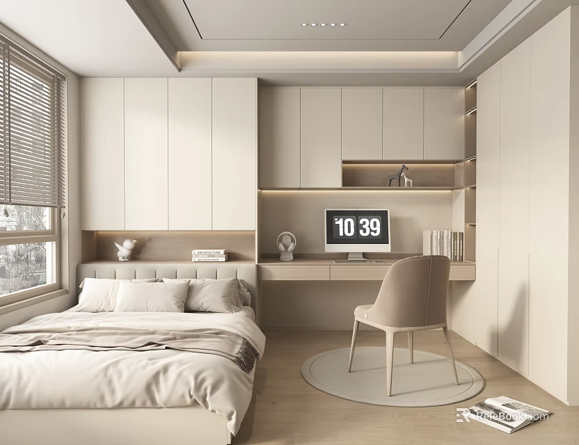 Modern Tatami Bedroom Interior With Light Furniture Desk Chair Bookshelf And Window Blinds 3d model