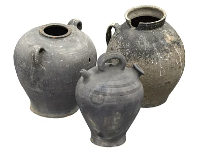 Three Vintage Dark Colored Ceramic Vessels With Classic Two Handled Shape 3d model