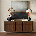 Wooden Console Sideboard Cabinet With Decorative Vase Lamp And Abstract Painting On Neutral Wall 3d model