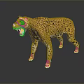 3D Leopard Model With Yellow Fur Black Spots Open Mouth Standing On Black Background