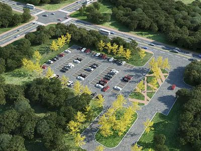 Green Landscaped Parking Lot With Tree Surrounded Areas And Asphalt Parking Spaces 3d model