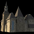 Ancient Historic Stone Building Featuring Spires Arched Gate Gabled Roofs And Arched Windows